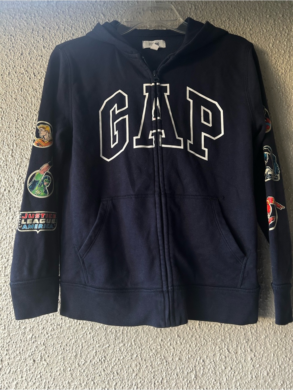 GAP Navy Full-Zip Hoodie with Justice League Sleeve Patches Boys XL